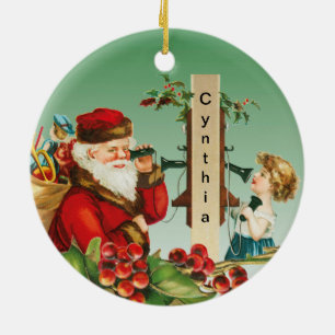 Charming Girl on Telephone with Santa Christmas Ceramic Tree Decoration