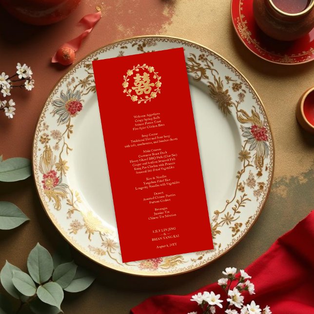 Charming Glitter Floral Chinese Double Happiness Menu (Charming Glitter Effect Floral Chinese Double Happiness Symbol Elegant Menu Cards Design.)