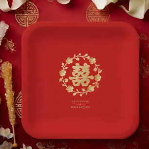 Charming Glitter Floral Chinese Double Happiness Paper Plate