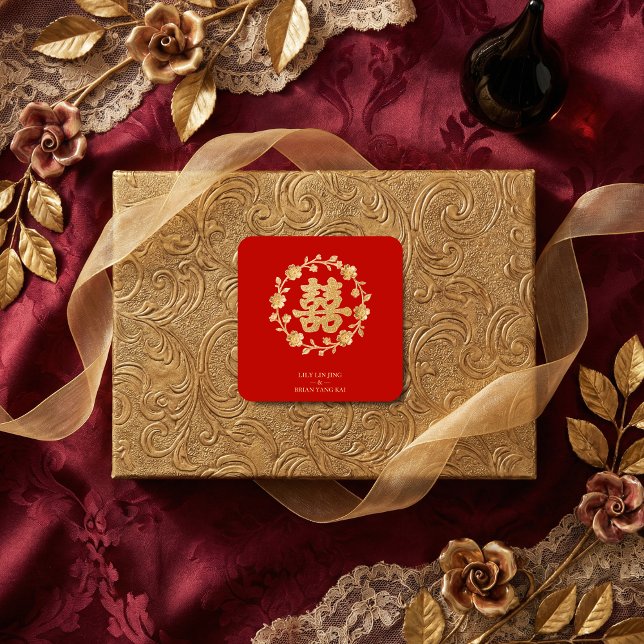 Charming Glitter Floral Chinese Double Happiness Square Sticker (Charming Glitter Effect Floral Chinese Double Happiness Symbol Classic Square Stickers Design.)