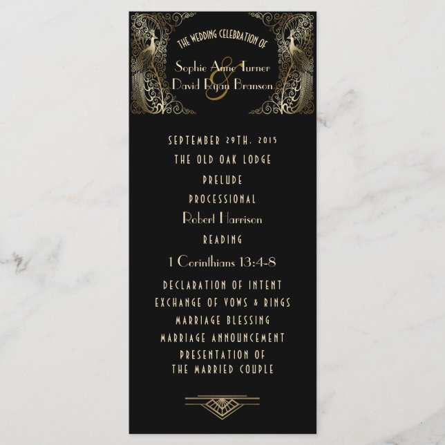 Charming Gold Art Deco Peacocks Wedding Program Menu (Front)