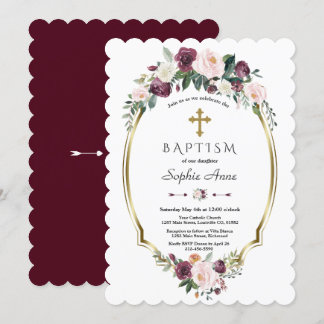 Charming Gold Burgundy Blush Floral Baptism Invitation