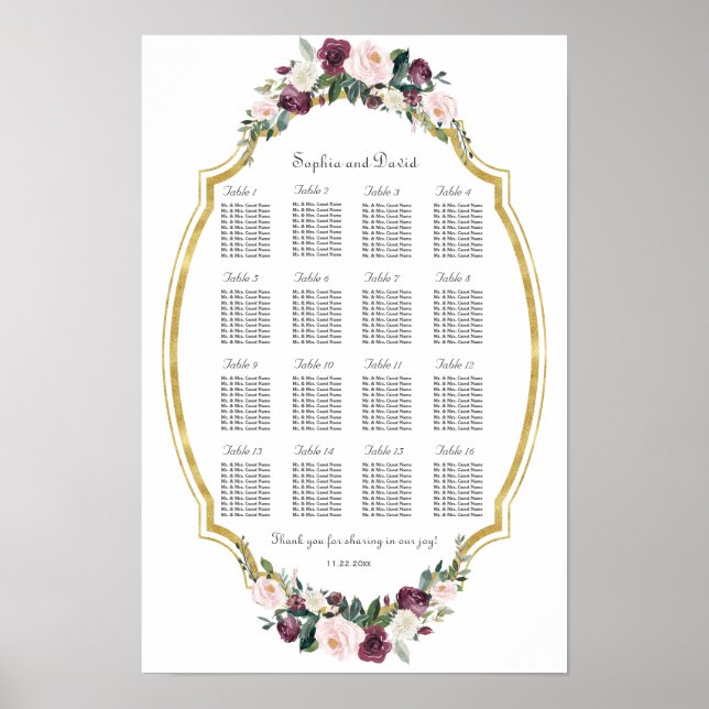 Charming Gold Burgundy Blush Floral Seating Chart (Front)