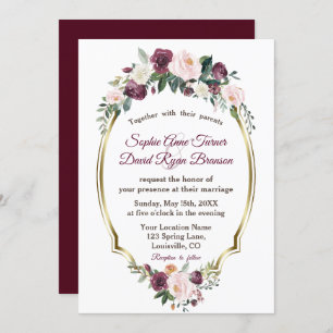 Charming Gold Burgundy Blush Floral Wedding Invitation