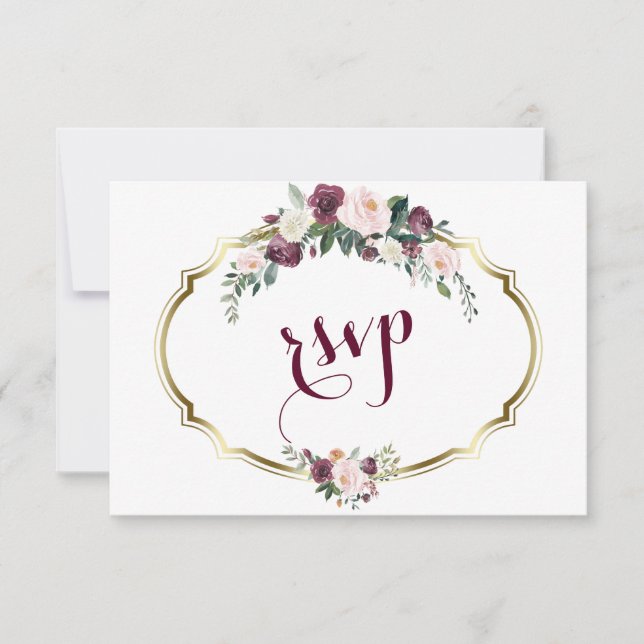 Charming Gold Burgundy Blush Floral Wedding RSVP Card (Front)