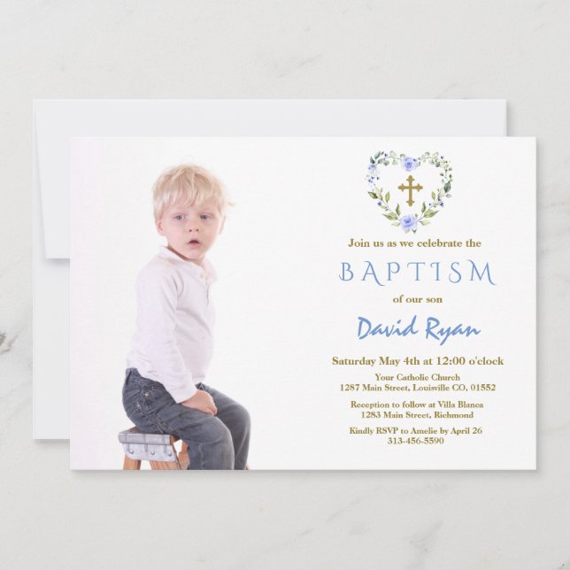 Charming Gold Cross Floral Boy Photo Baptism Invitation (Front)