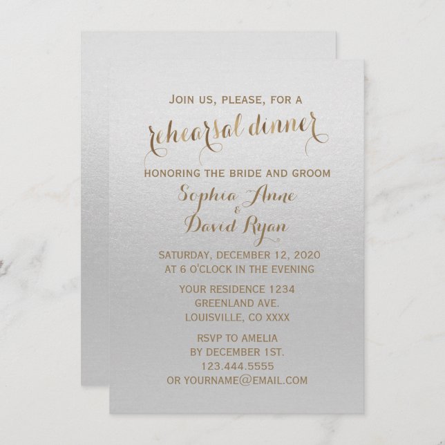 Charming Gold Foil Grey Wedding Rehearsal Dinner Invitation (Front/Back)