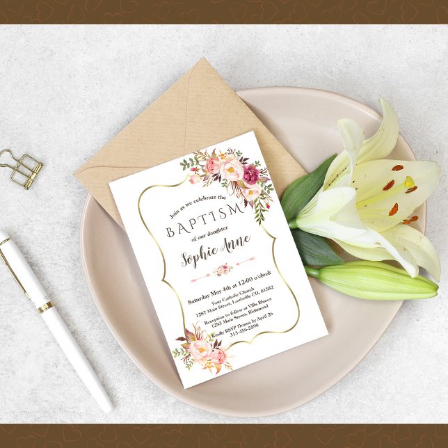 Charming Gold Frame Blush Pink Floral Baptism Invitation (Creator Uploaded)