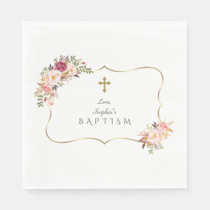 Charming Gold Frame Blush Pink Floral Baptism Napkin