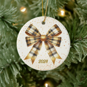 Charming Gold Plaid Bow Year Accent Ceramic Tree Decoration