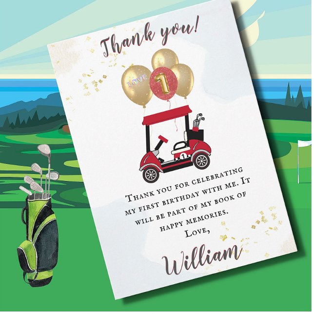 Charming Golf Cart First Birthday Boy Thank You Invitation (Creator Uploaded)