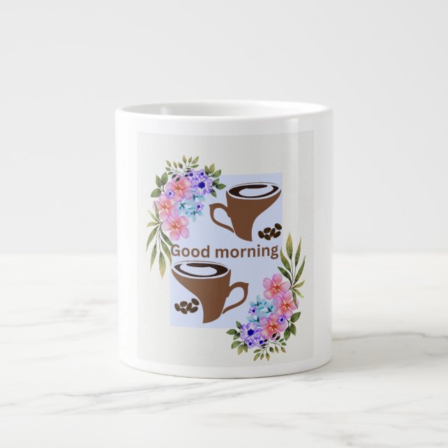 Charming "Good Morning" Coffee Greeting with Flora Large Coffee Mug (Front)