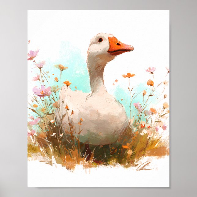 Charming Goose in Wildflowers – Watercolor Farm An Poster (Front)