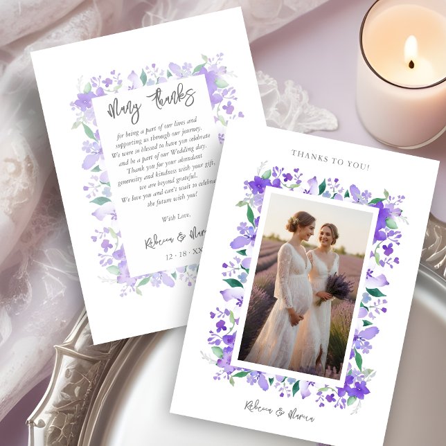 Charming Graceful Floral Contemporary Lilac Photo Thank You Card (Charming Graceful Floral Contemporary Purple Personalized Photo Wedding.)