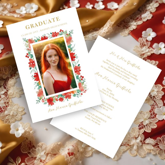 Charming Graceful Floral Graduation Red Photo Invitation (Charming Graceful Floral Contemporary Red Personalized Photo Graduation Invitation Card.)