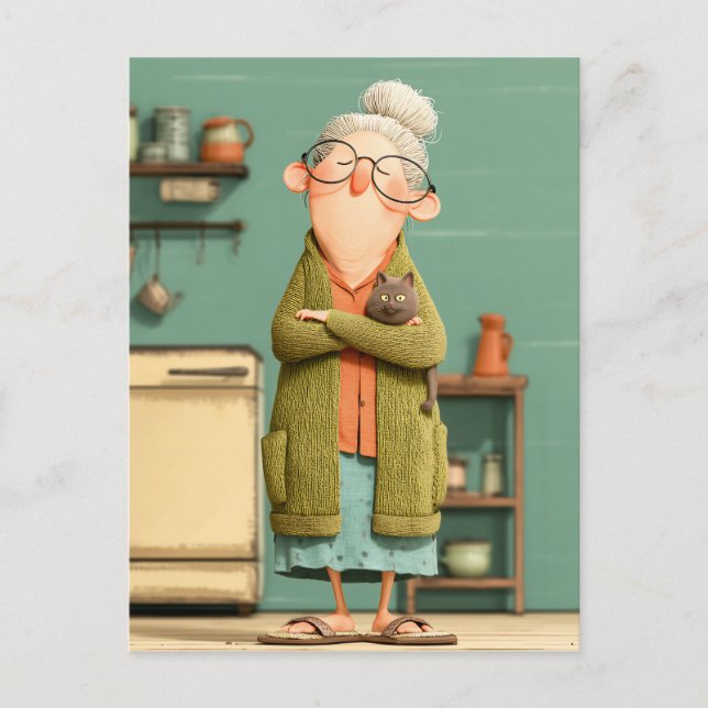 Charming Grandma and Her Cat Holiday Postcard (Front)