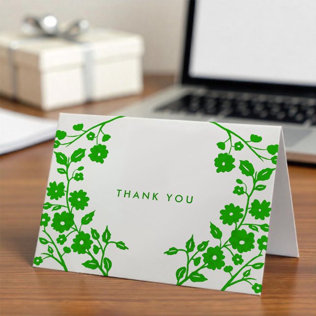 Charming Green Folk Flowers White Thank You Custom Card (Creator Uploaded)