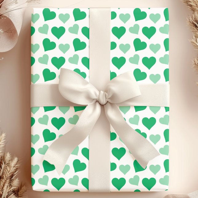 Charming Green Hearts on White Wrapping Paper (Creator Uploaded)