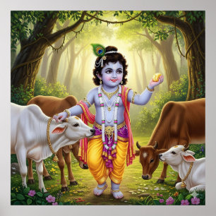 Charming Green Pastoral Bala Krishna with Calves Poster