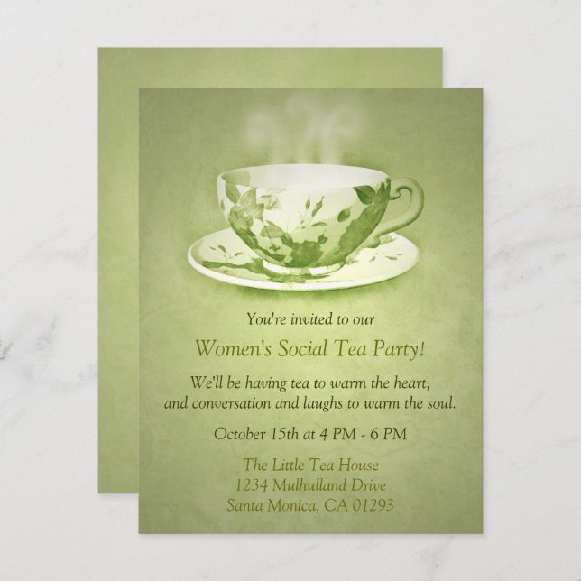 Charming Green Tea Party Invitation (Front/Back)