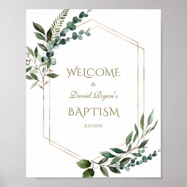 Charming Greenery Gold Frame Baptism Welcome Sign (Front)