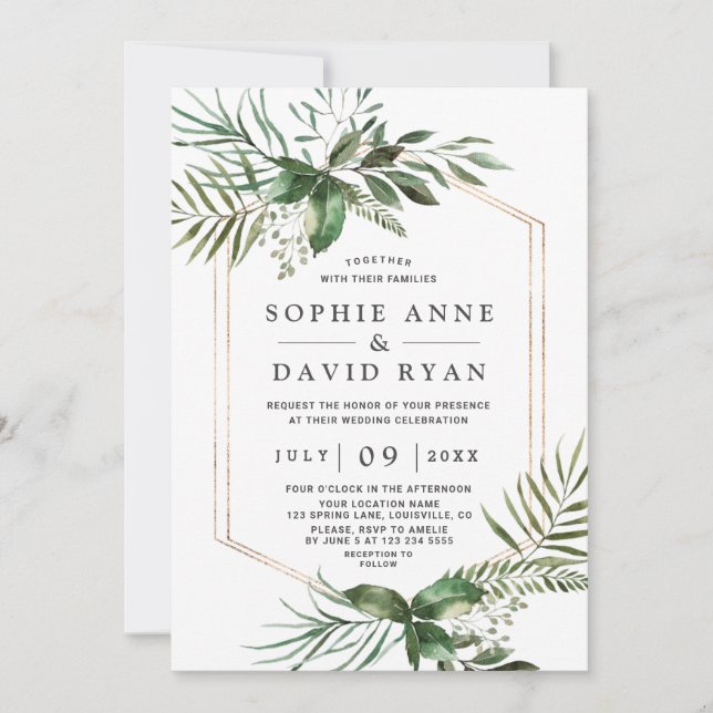 Charming Greenery Gold Geometric Frame Wedding Invitation (Front)