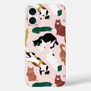 Charming hand-drawn cats on pink background iPhone 16 plus case