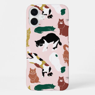 Charming hand-drawn cats on pink background iPhone 16 plus case