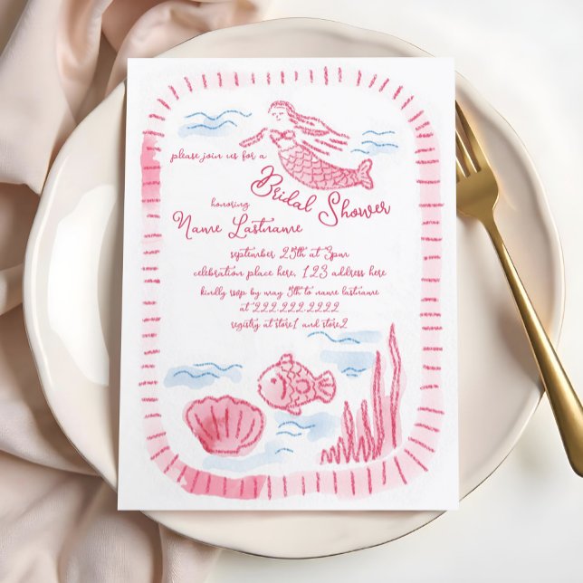 Charming Hand Drawn Pink Mermaid Bridal Shower Invitation (Creator Uploaded)