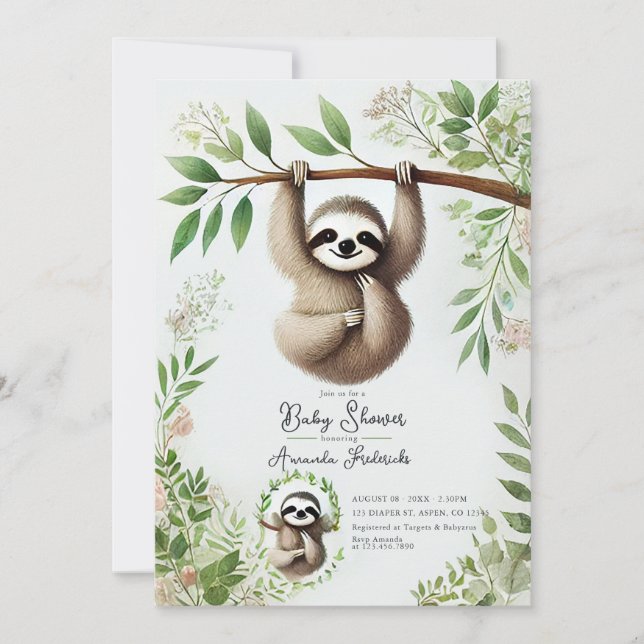 Charming Hanging Sloth Baby Shower Invitation (Front)
