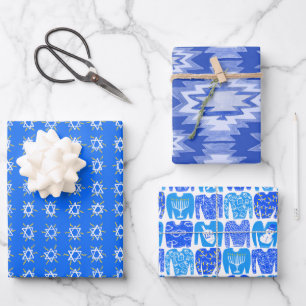 Charming Hanukkah Patterns Stars Sweaters Blue Wrapping Paper Sheet