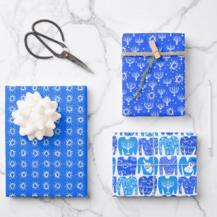 Charming Hanukkah Patterns Stars Sweaters Menorahs Wrapping Paper Sheet