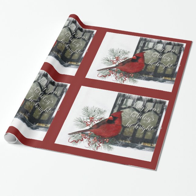 Charming Holiday Cardinal on Feeder Wrapping Paper (Unrolled)