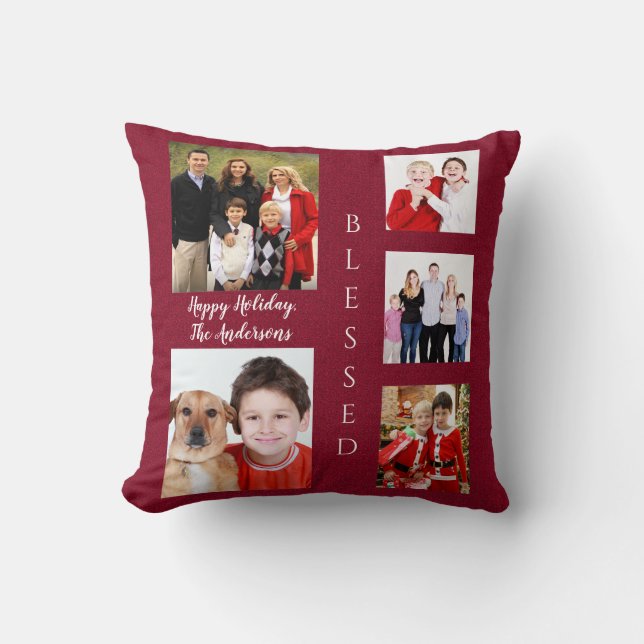 Charming Holiday Family Photo Collage Monogram Cushion (Front)