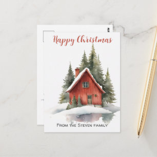 Charming House Wood Christmas Watercolor Postcard