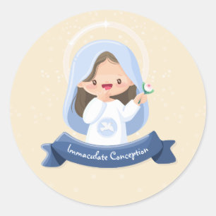 Charming Kawaii Virgin Mary with Flower – Beige Classic Round Sticker