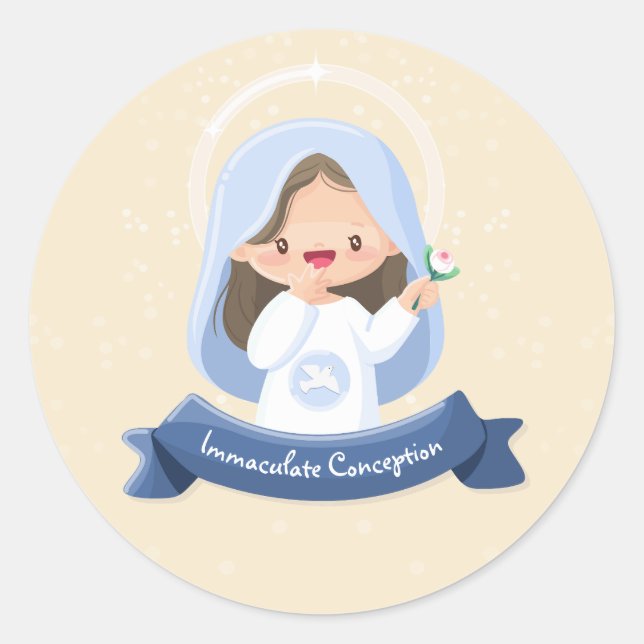 Charming Kawaii Virgin Mary with Flower – Beige Classic Round Sticker (Front)