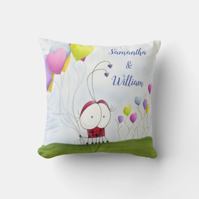Charming Ladybug with Colourful Heart Balloons Cushion (Front)