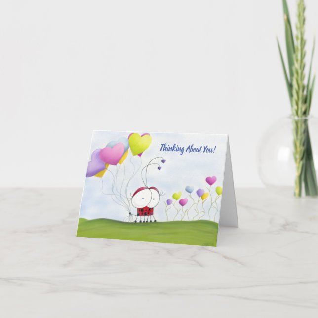 Charming Ladybug with Colourful Heart Balloons Note Card (Front)