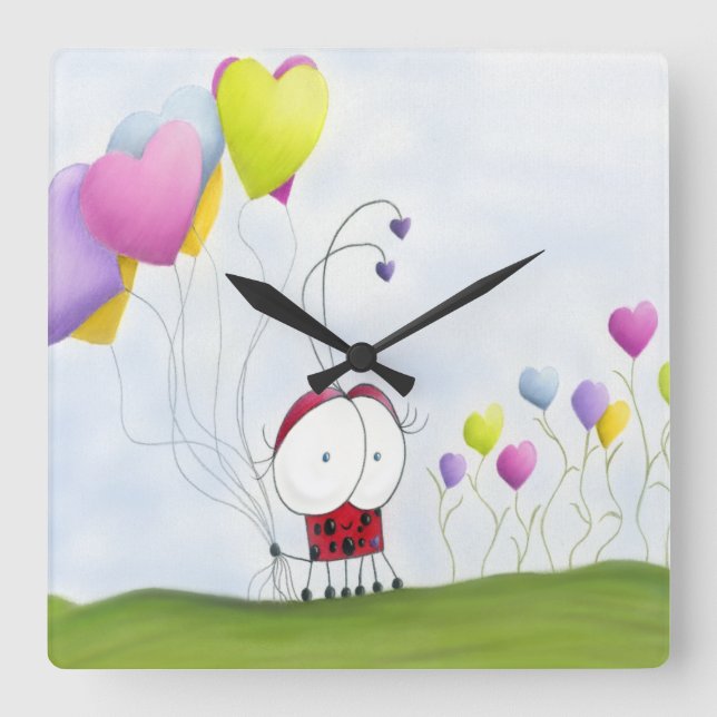 Charming Ladybug with Colourful Heart Balloons Square Wall Clock (Front)