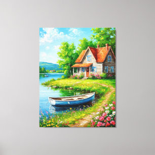 Charming Lakeside Cottage with a Boat Canvas Print
