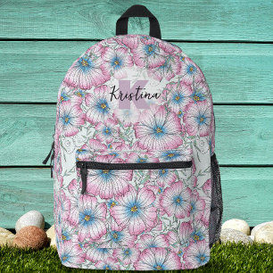 Charming Large Pink Blue Blooming Flowers  Printed Backpack