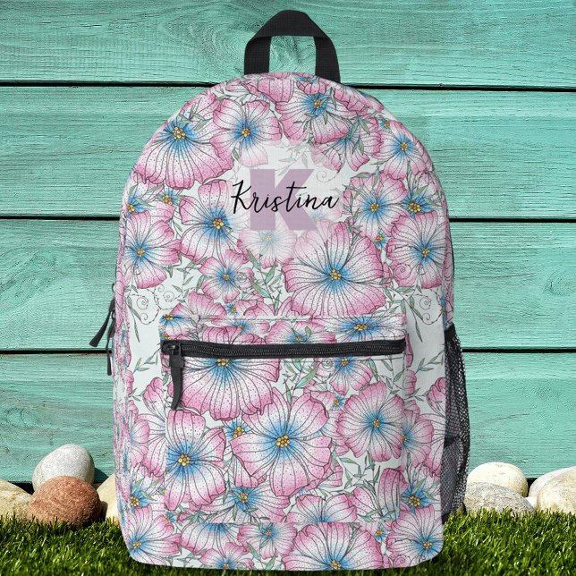 Charming Large Pink Blue Blooming Flowers  Printed Backpack (Creator Uploaded)