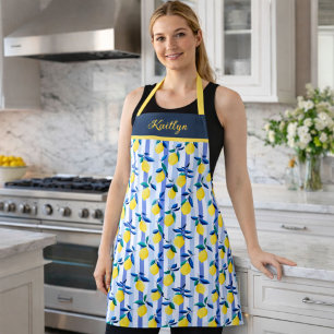 Charming Lemons Blue Stripe Mediterranean Pattern  Apron