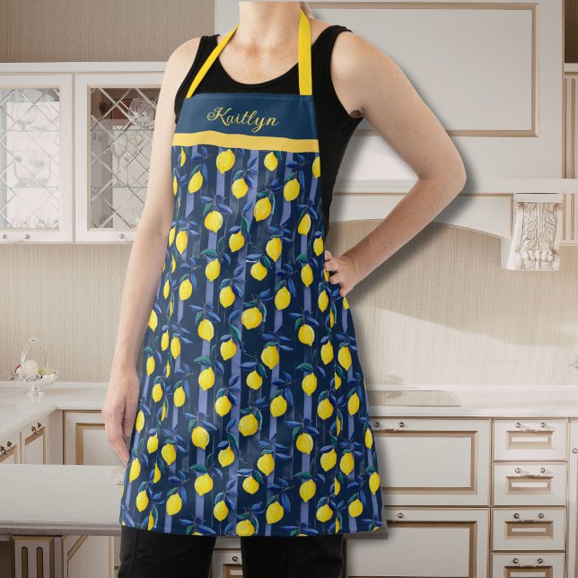 Charming Lemons Blue Stripe Mediterranean Pattern Apron (Creator Uploaded)