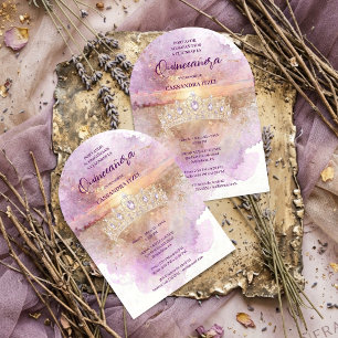 Charming Lilac & Gold Tiara Watercolor Quinceañera Acrylic Invitations