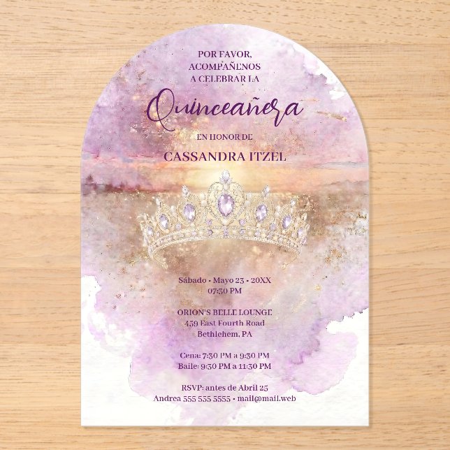 Charming Lilac & Gold Tiara Watercolor Quinceañera Acrylic Invitations (Front)