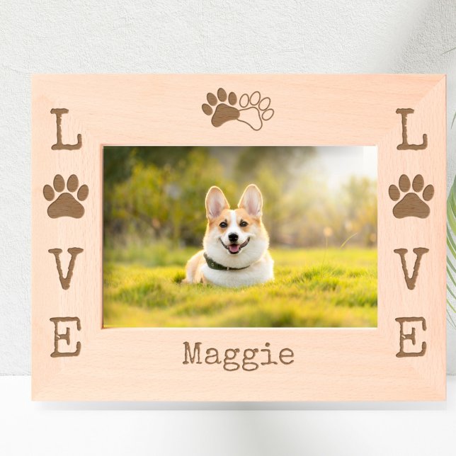 Charming LOVE Dog Paw Print Modern Personalised Etched Frames (Personalized LOVE paw print photo frame.)