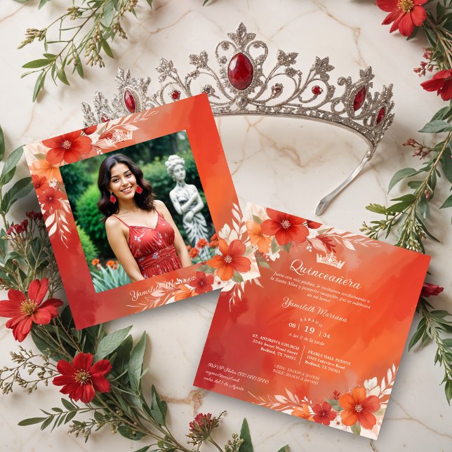 Charming Lovely Floral Frame Garland Spanish Photo Invitation (Charming Lovely Floral Frame Garlands Spanish Photo Quinceañera Invitations Cards in Red Shades.)
