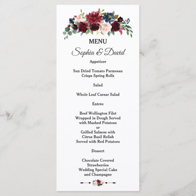 Charming Merlot Navy Blue Floral Wedding Menu (Front)